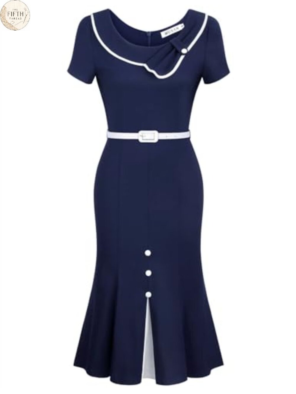 MUXXN Retro 60s Sailor Collar Short Sleeve Mermaid Cocktail Work Dress with Belt